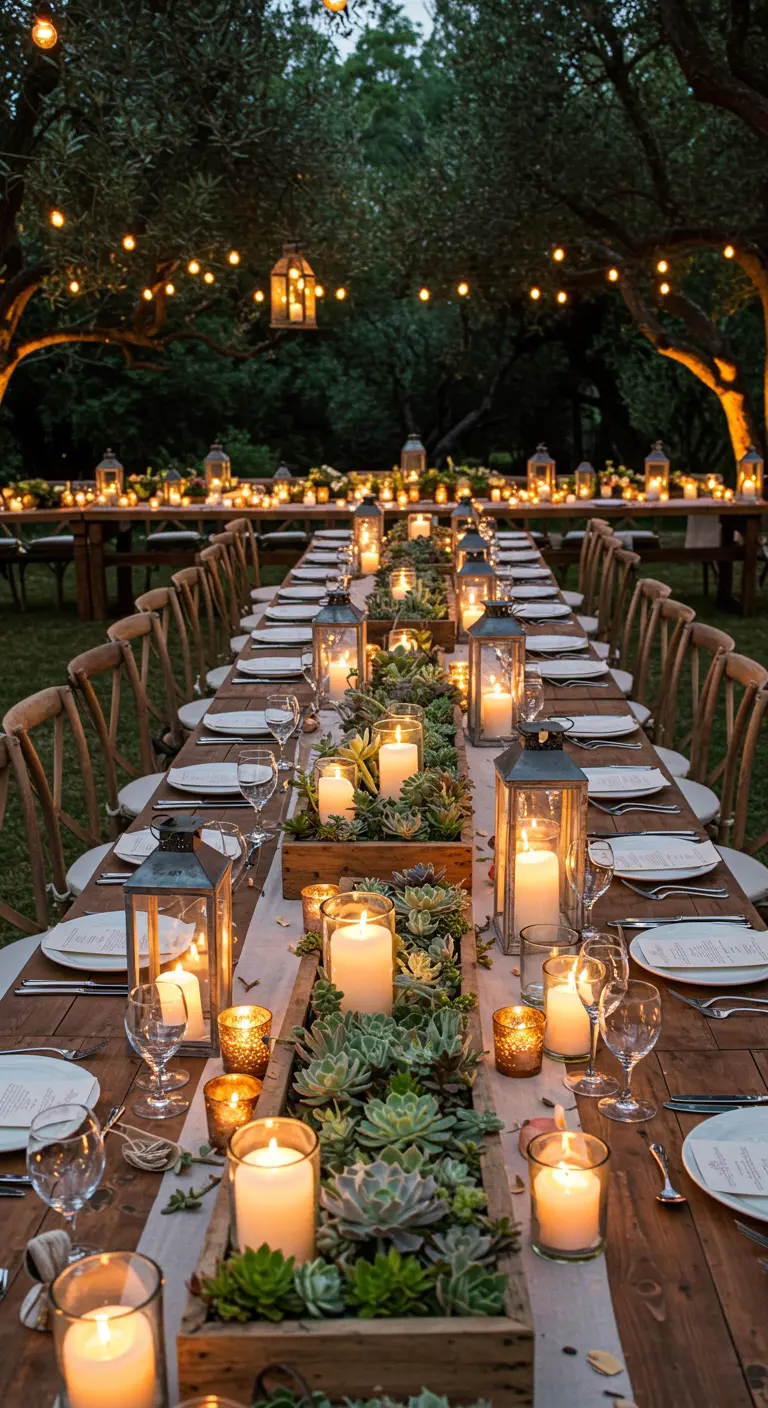 Eine lange, festlich gedeckte Tafel im Freien mit Sukkulenten und Kerzen als Tischdeko.