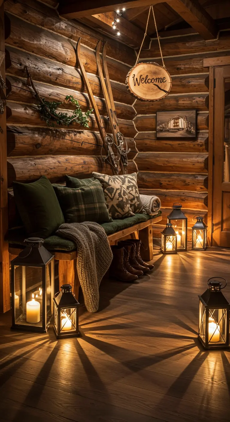 Gemütlicher Hütteneingang mit Holzbank, Laternen und alten Skiern an der Wand.