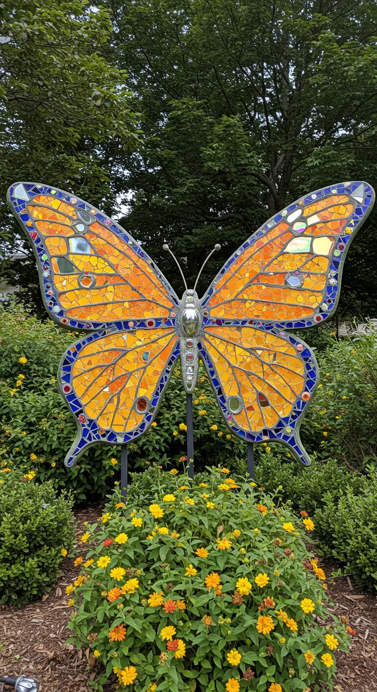Eine große Schmetterlingsskulptur aus orange-gelbem Mosaik, die über gelben Blumen schwebt.