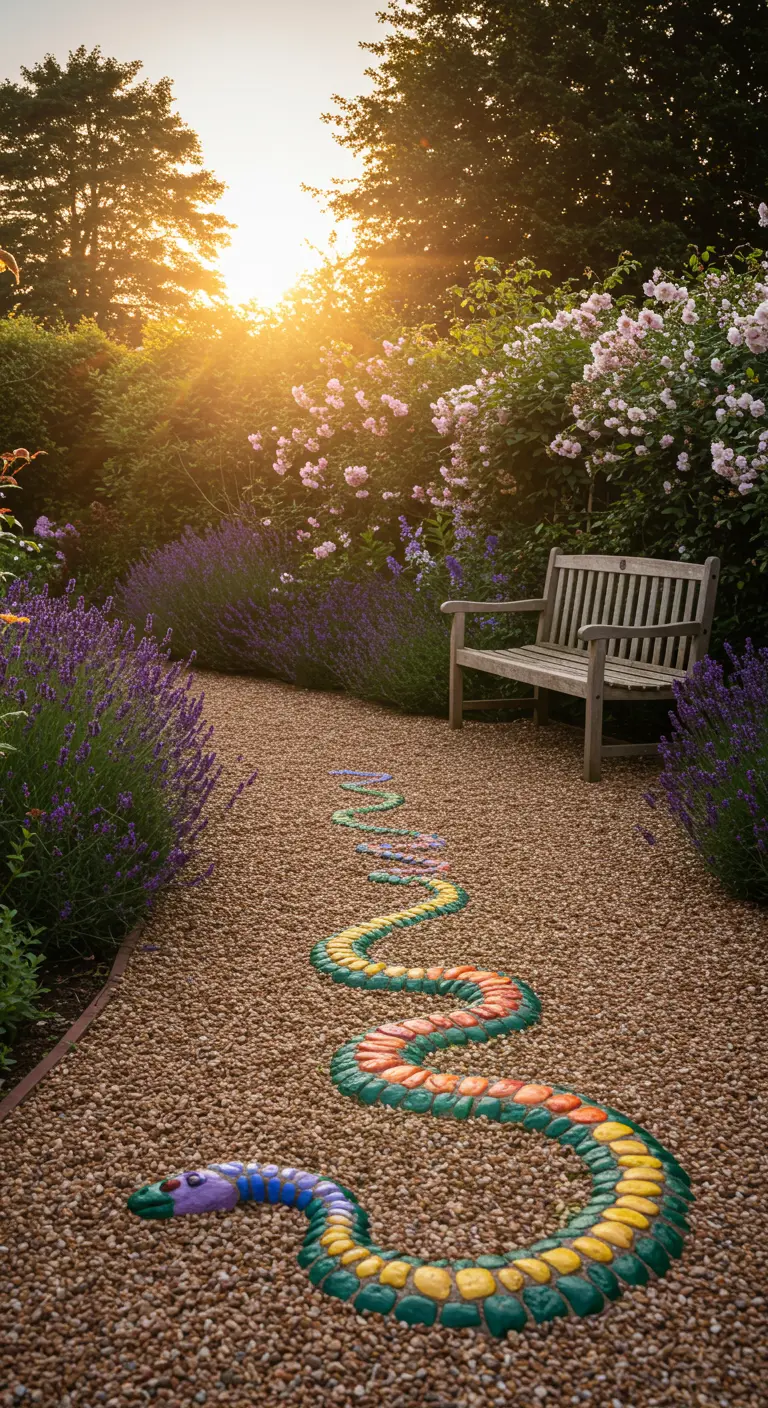 Eine bunte Steinschlange schlängelt sich über einen Kiesweg bei Sonnenuntergang.