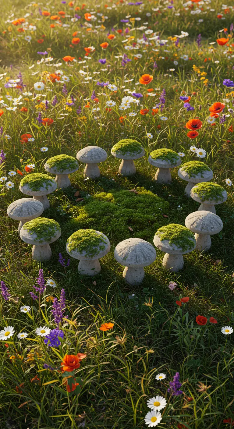 Ein Kreis aus zwölf moosbewachsenen Beton-Pilzen inmitten einer bunten Wildblumenwiese.