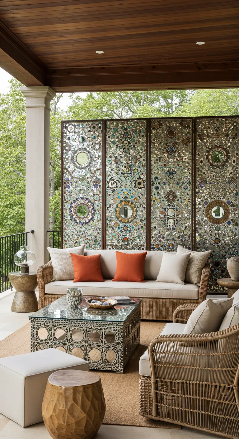 Ein vierteiliger Raumteiler aus Mosaik mit Spiegeln und bunten Fliesen auf einer Terrasse.