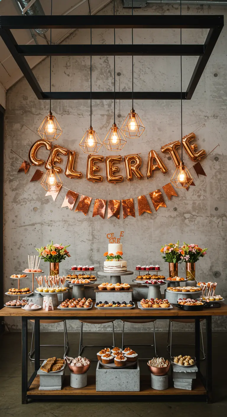 Desserttisch mit Torte vor einer Betonwand, dekoriert mit Kupfer-Ballons und geometrischen Lampen
