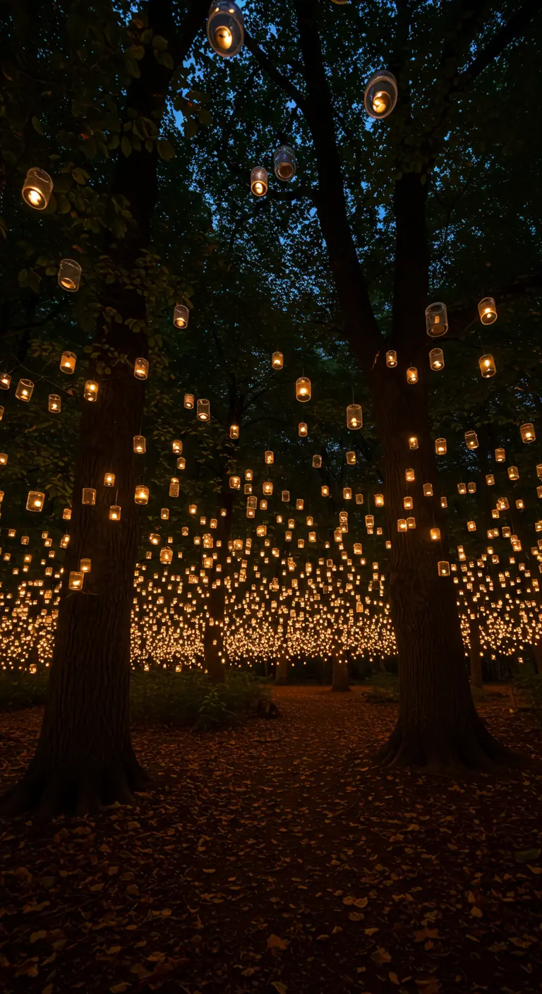 Ein dunkler Wald, der von hunderten leuchtenden, hängenden Teelicht-Gläsern erhellt wird.