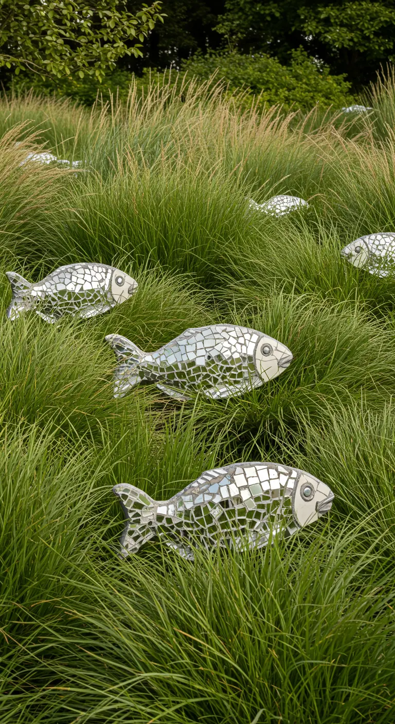 Mehrere Mosaik-Fische aus Spiegelstücken, die aus hohem Ziergras herausragen.