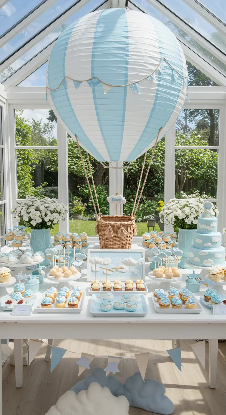 Sweet Table in Hellblau mit großem Heißluftballon-Lampion als Herzstück in einem Wintergarten.