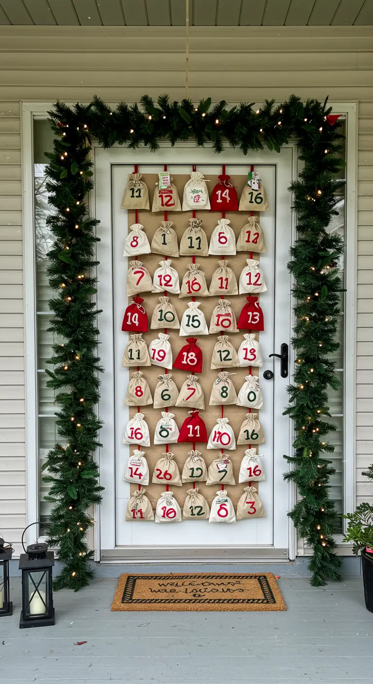 Haustür, die als großer Adventskalender mit 24 nummerierten Stoffbeuteln gestaltet ist.