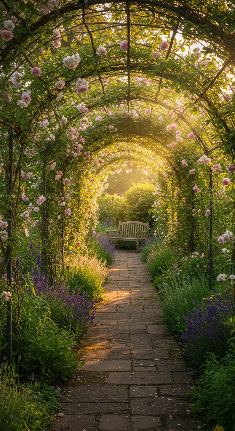 Üppiger Rosentunnel mit rosa Blüten, durch den die Abendsonne scheint.