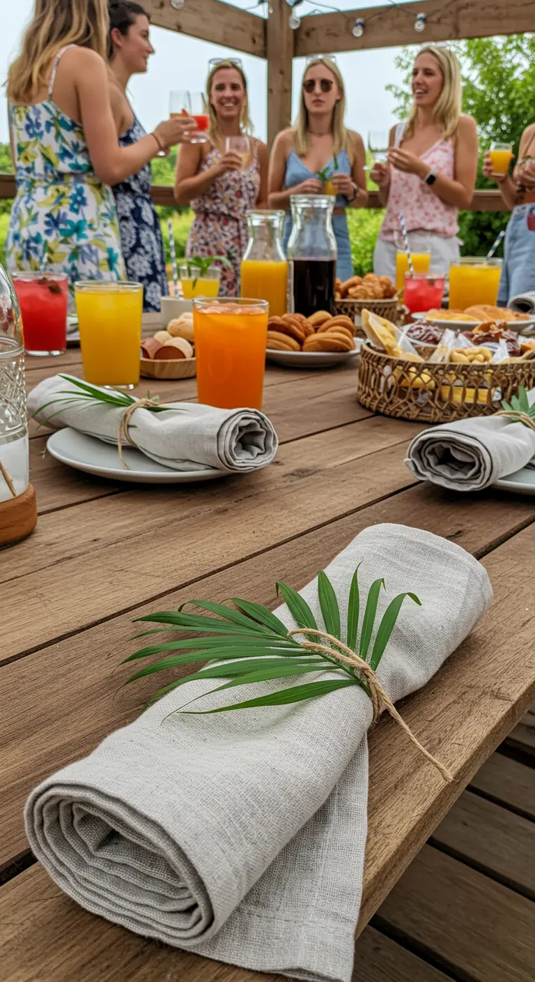 Leinenserviette mit Juteschnur gebunden und einem kleinen Palmblatt als Verzierung