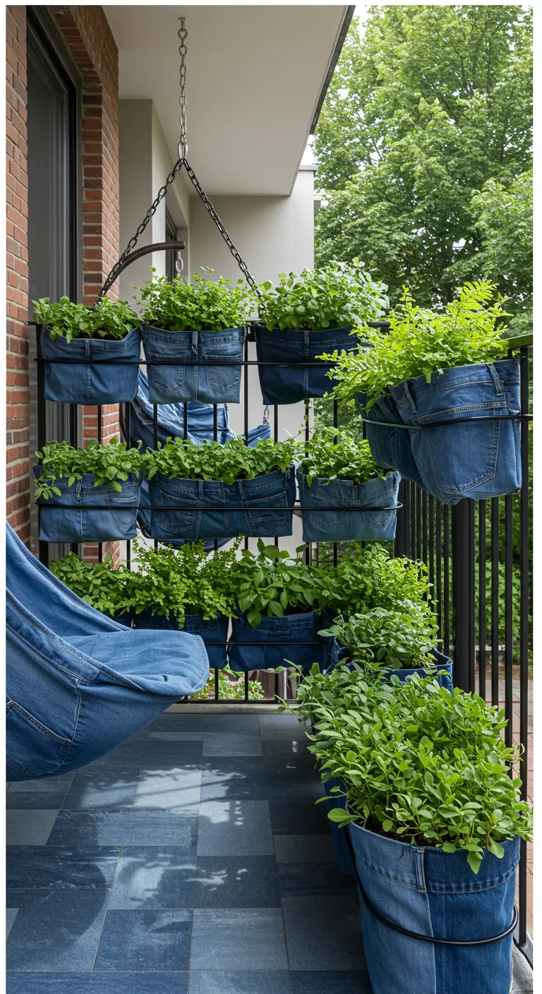 Ein Balkon voller grüner Pflanzen in Jeanstaschen, inklusive eines Hängesessels aus Denim.