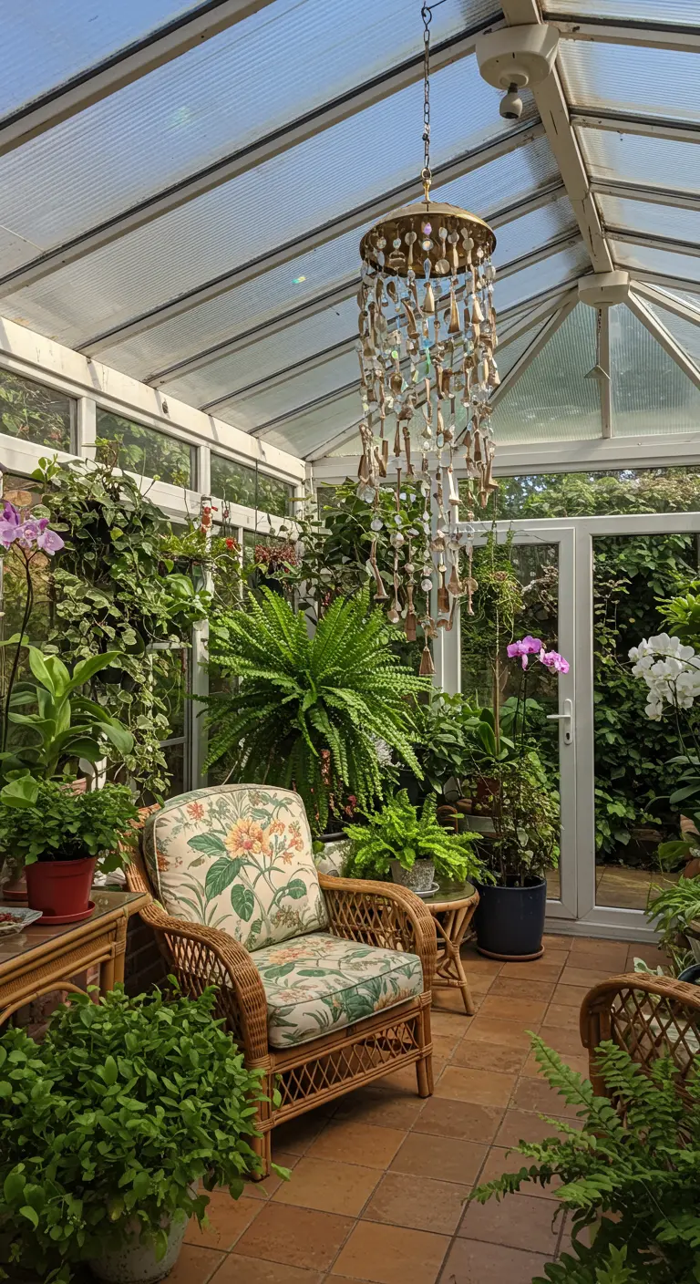 Opulentes, kronleuchterartiges Windspiel aus Besteck und Perlen in einem hellen Wintergarten.