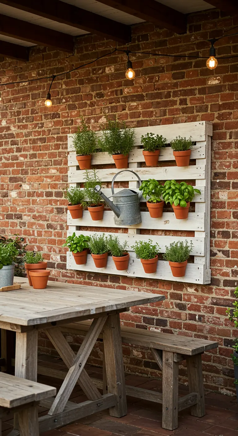 Weiß gestrichene Palette als Kräuterregal an einer Backsteinwand, behängt mit Terrakottatöpfen.
