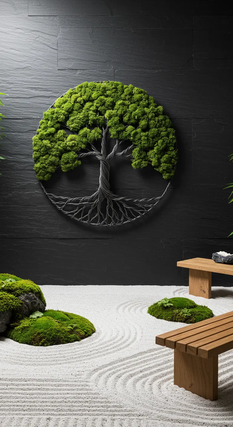 Runder Lebensbaum aus Draht und Moos an einer dunklen Wand in einem Zen-Garten.