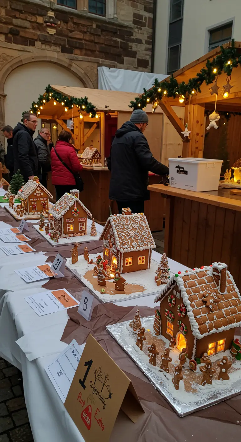 Mehrere verzierte Lebkuchenhäuser stehen mit Nummern versehen auf einem Tisch.