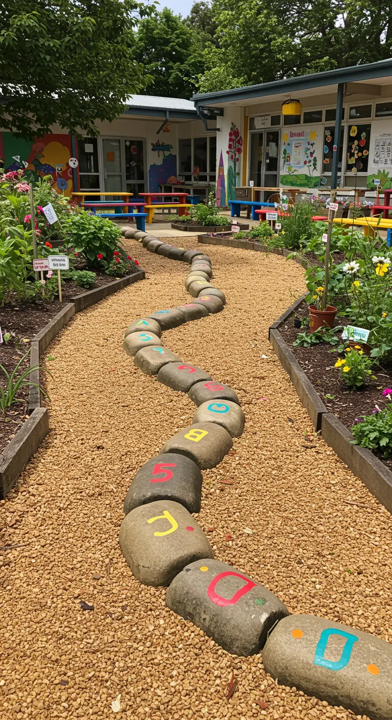 Große Steine, bemalt mit bunten Buchstaben, bilden einen Weg in einem Schulgarten.