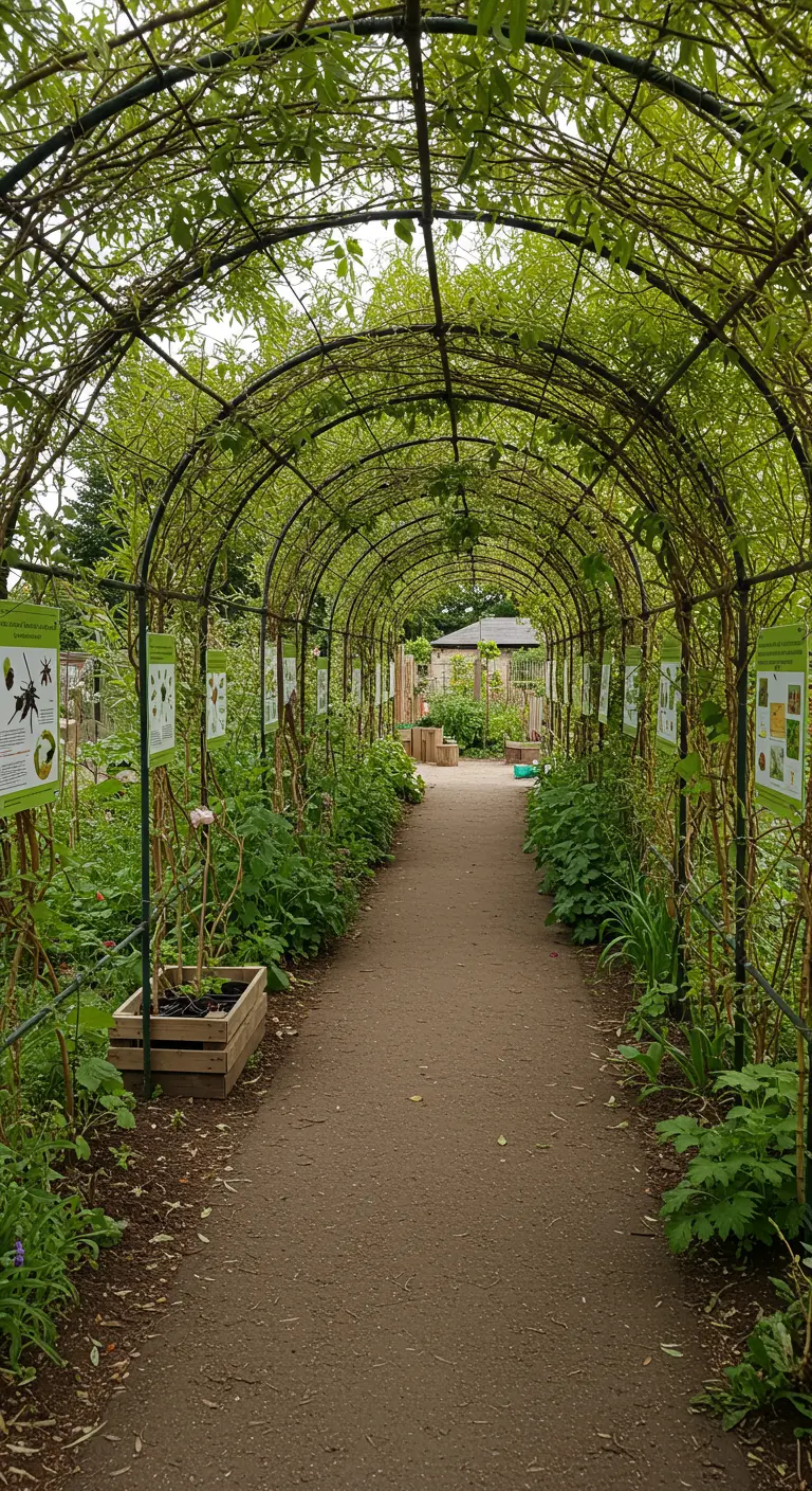 Ein grüner Weidentunnel in einem Lehrgarten mit Informationstafeln an den Seiten.