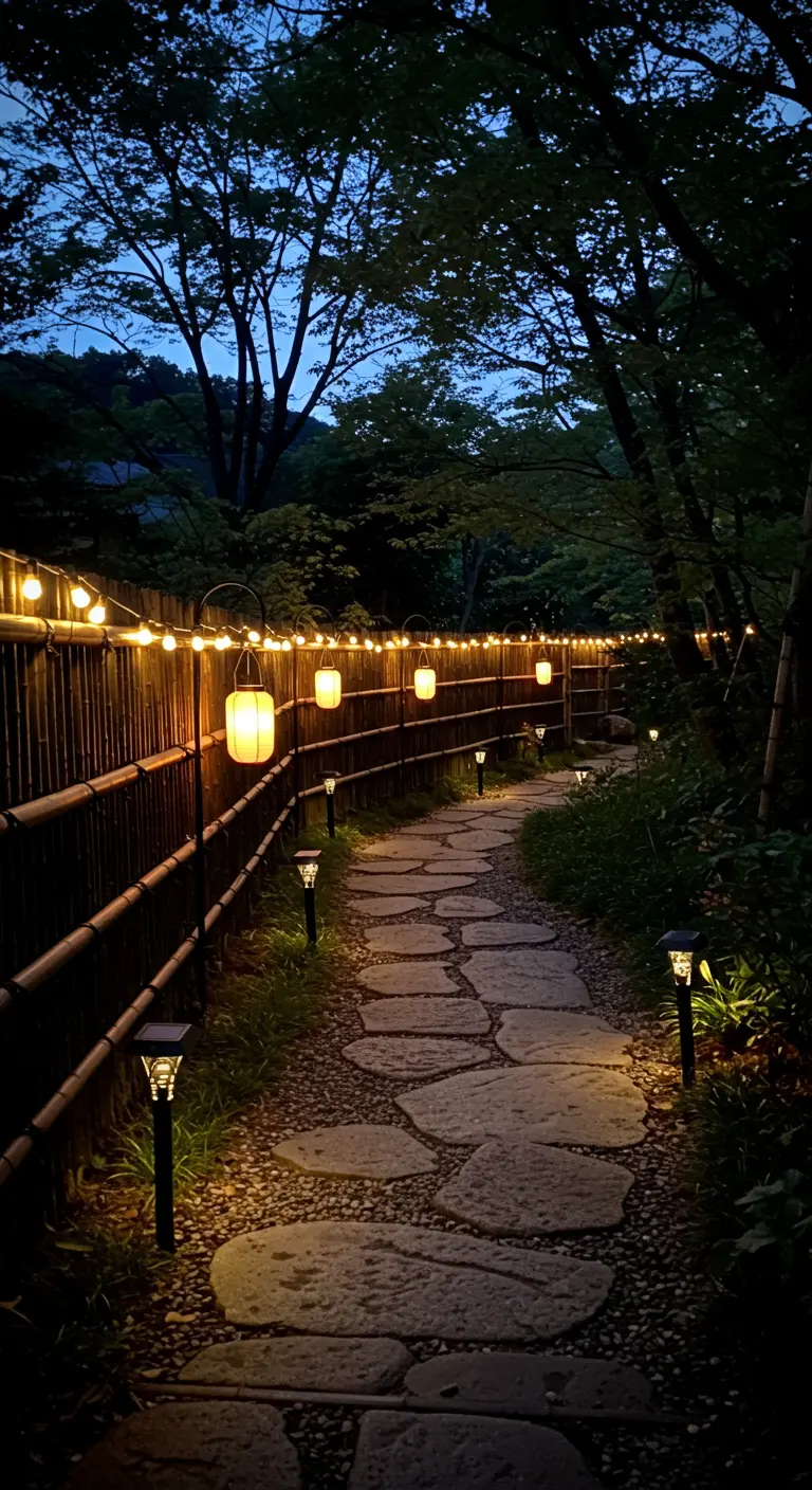 Gartenweg aus Trittsteinen, gesäumt von einem niedrigen Bambuszaun mit Lichterketten und Solarlampen.