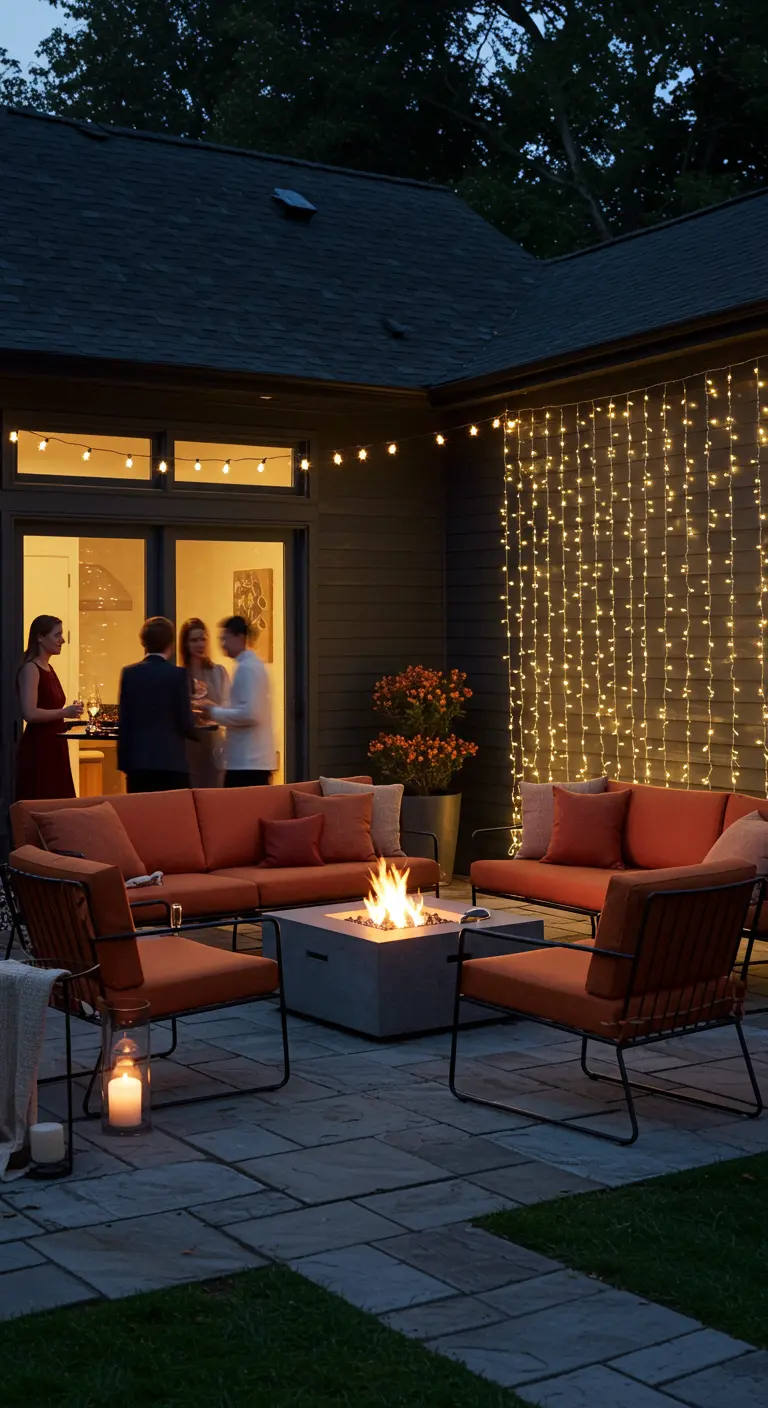 Moderne Lounge-Ecke mit Feuerstelle vor einer Wand mit Lichtervorhang