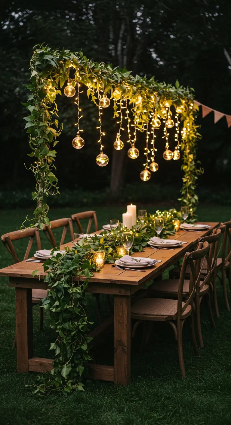 Gartentisch mit einem von Efeu und Lichterketten umrankten Baldachin bei Nacht.