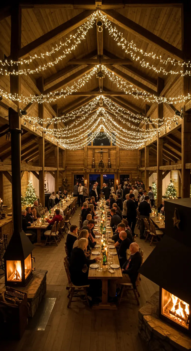 Großer Festsaal aus Holz mit Lichterketten an der Decke und langen Tischen.