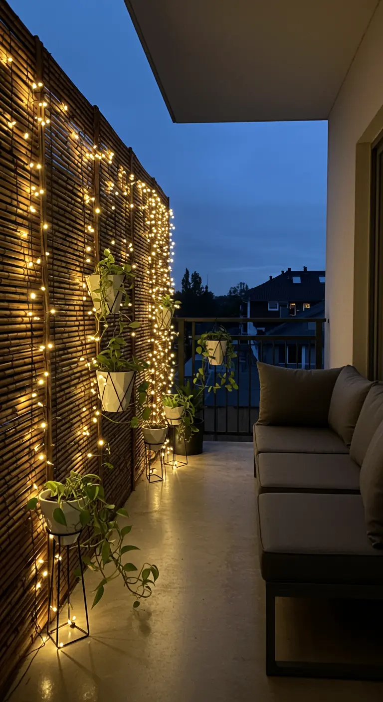Balkon bei Nacht mit einem Bambus-Sichtschutz, der mit einem Vorhang aus Lichterketten behängt ist.