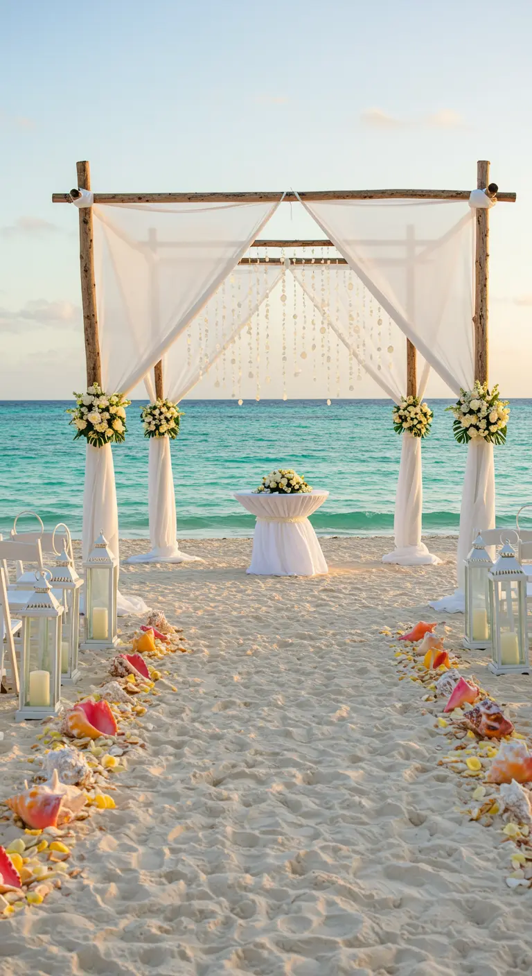 Hochzeitsaltar aus Treibholz mit weißen Stoffen und Muscheln am Strand.