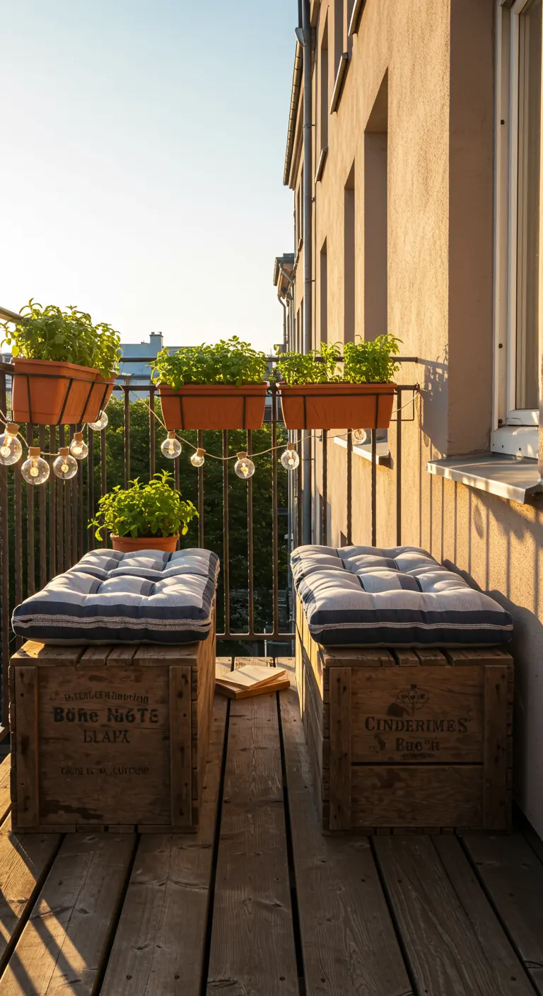 Zwei Holzkisten mit gestreiften Sitzkissen auf einem sonnigen Stadtbalkon.