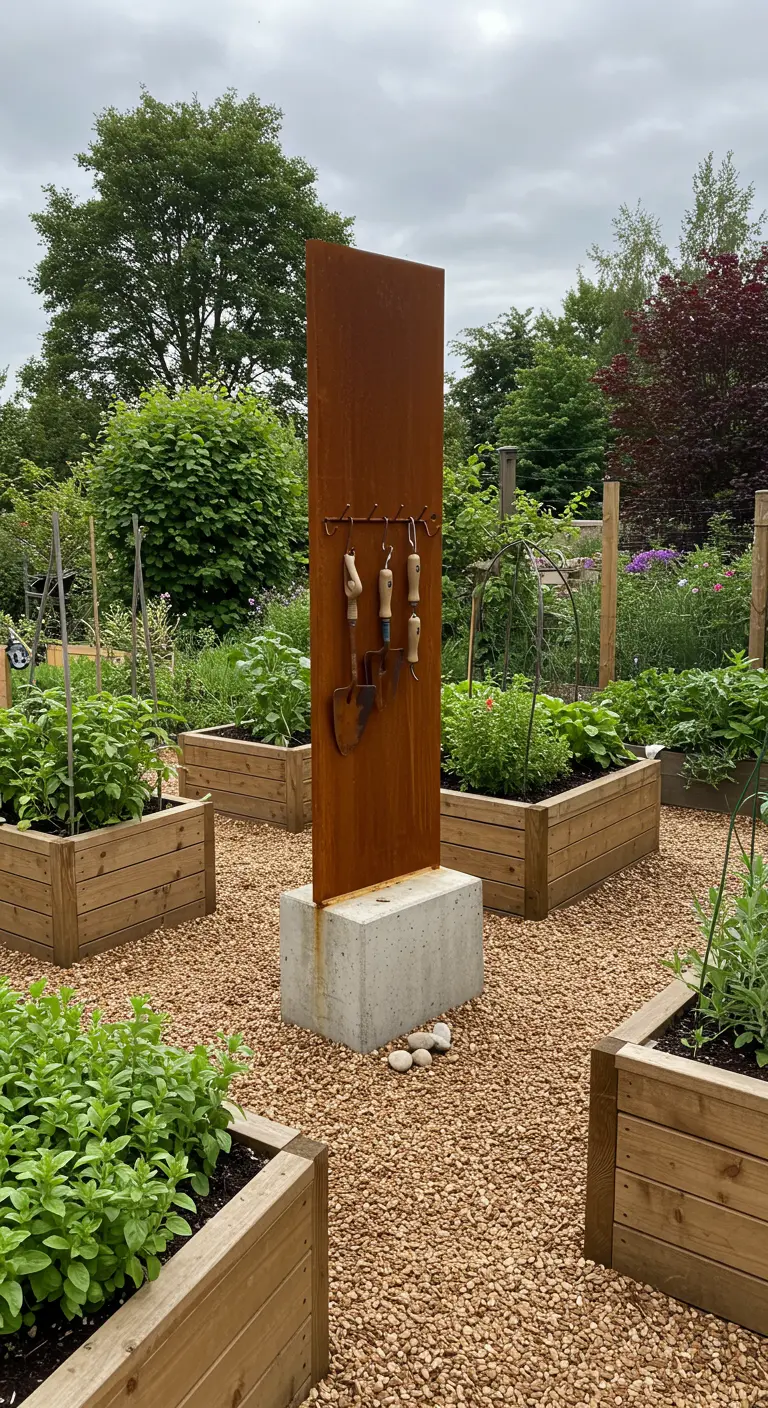 Roststahl-Stele mit Haken für Gartengeräte in einem Gemüsegarten mit Hochbeeten und Kieswegen.