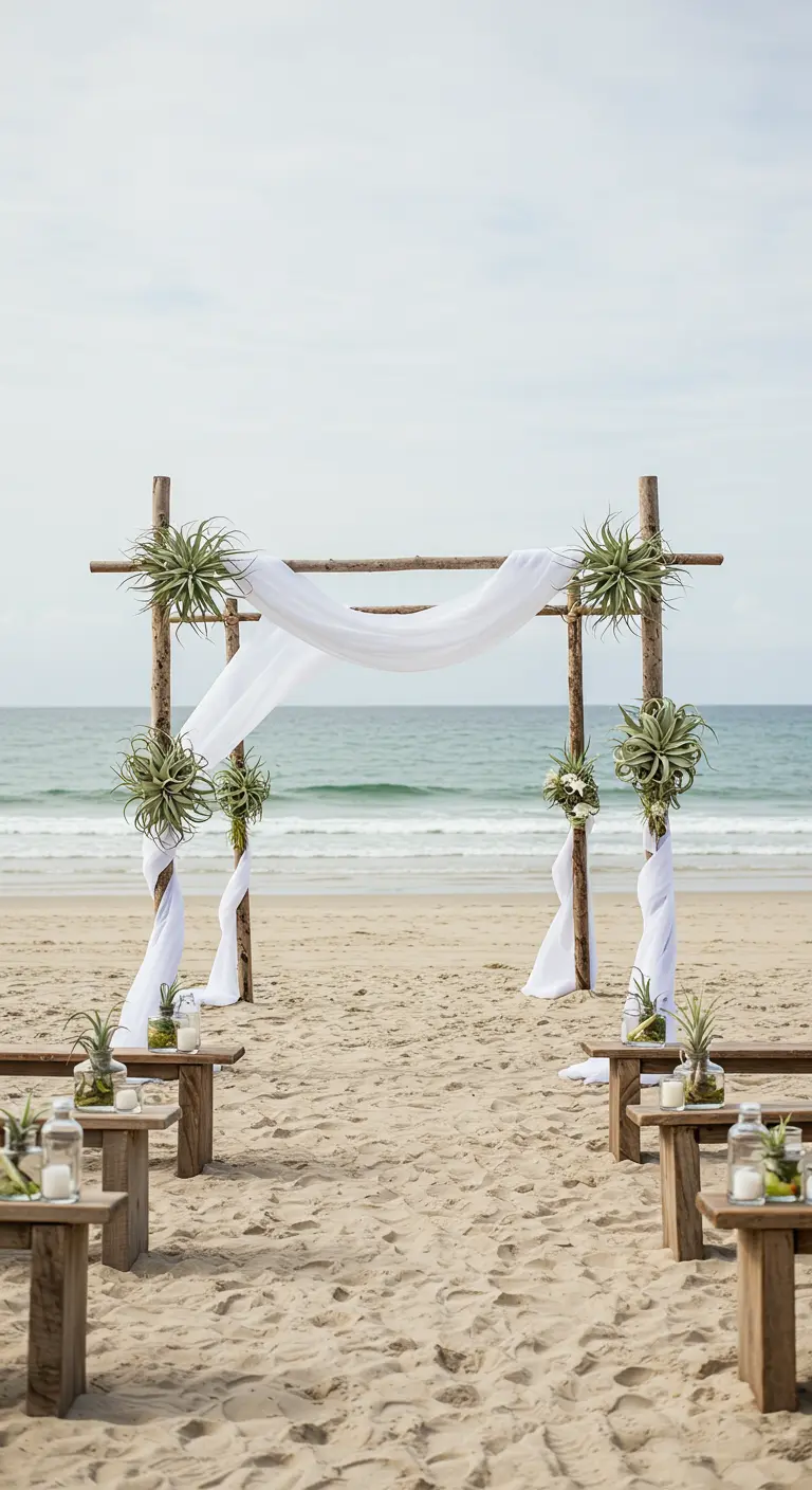 Minimalistischer Traubogen aus Holz am Strand, dekoriert mit weißen Tüchern und Luftpflanzen.