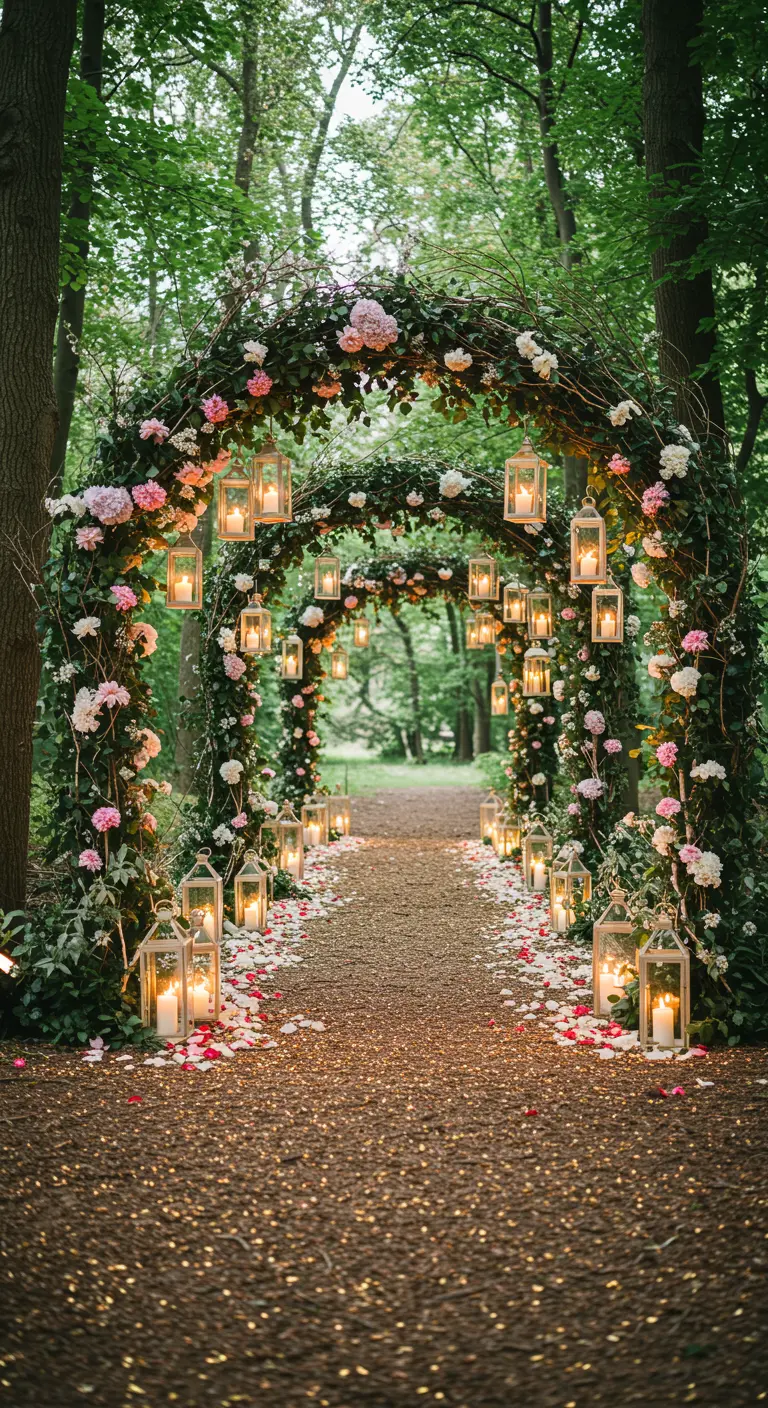 Weg durch mit Blumen und Laternen geschmückte Bögen in einem Wald