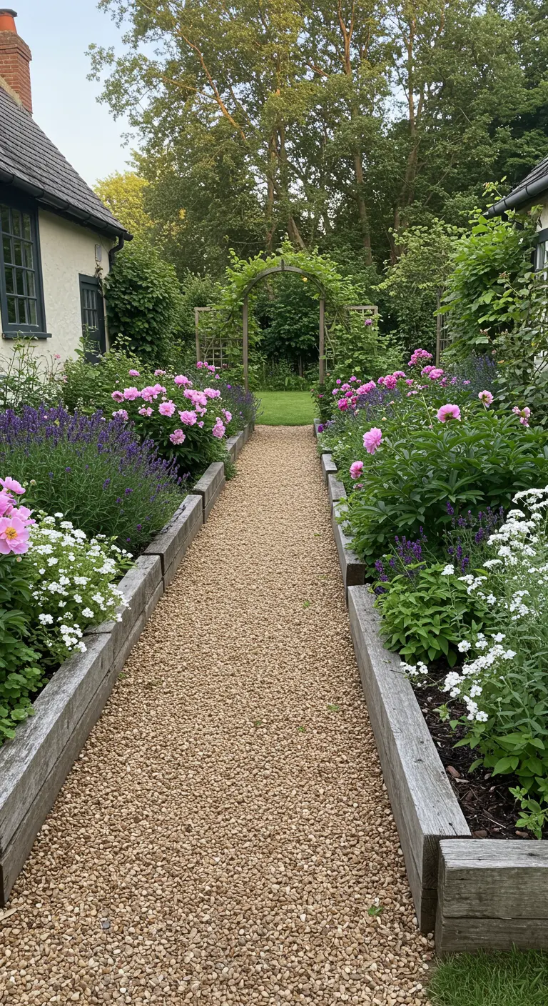 Ein Kiesweg, gesäumt von Hochbeeten aus Holzbalken mit rosa Pfingstrosen und lila Lavendel.