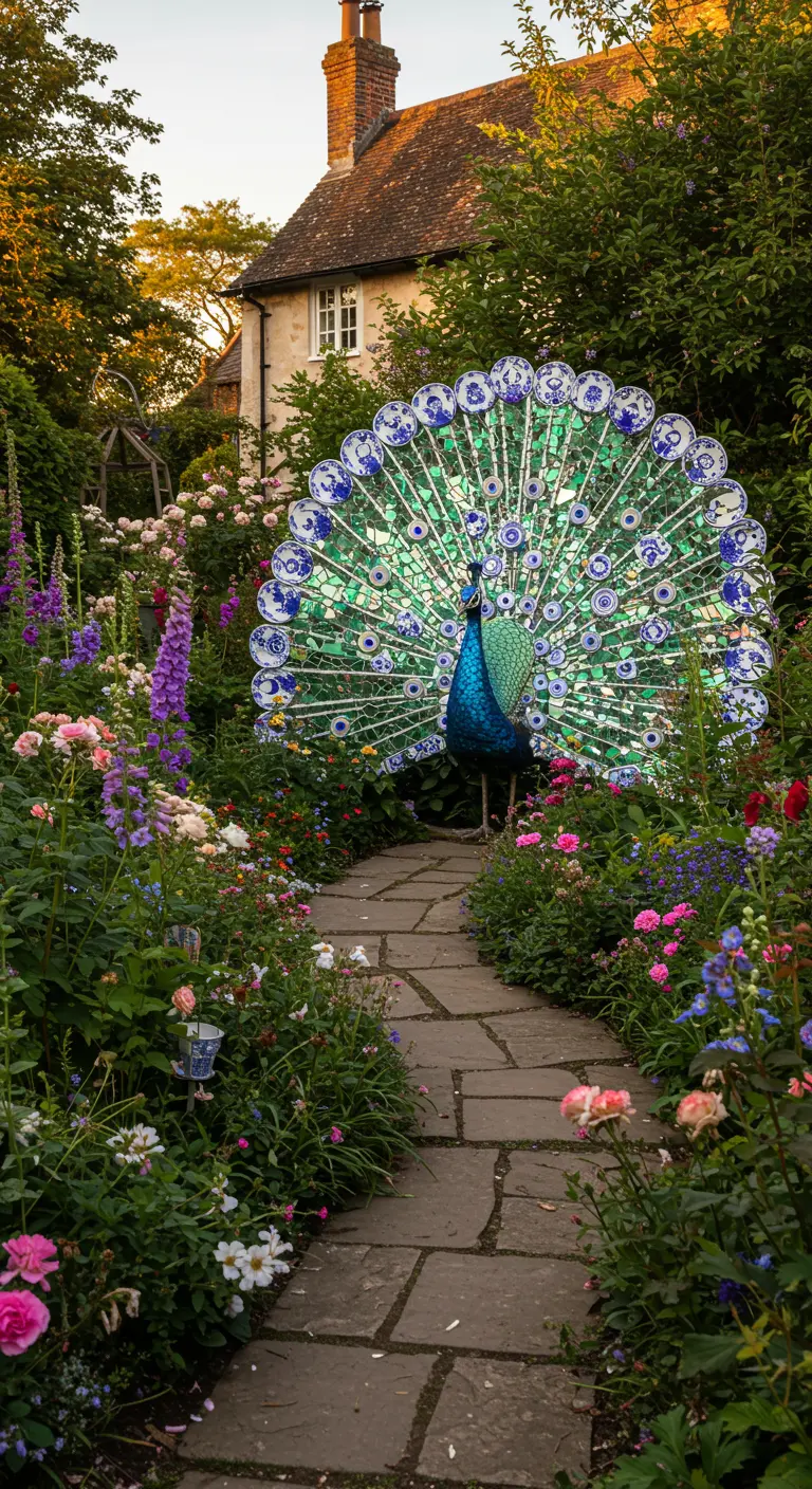 Eine prächtige Pfauenskulptur mit einem Rad aus Mosaik-Porzellantellern in einem blühenden Garten.