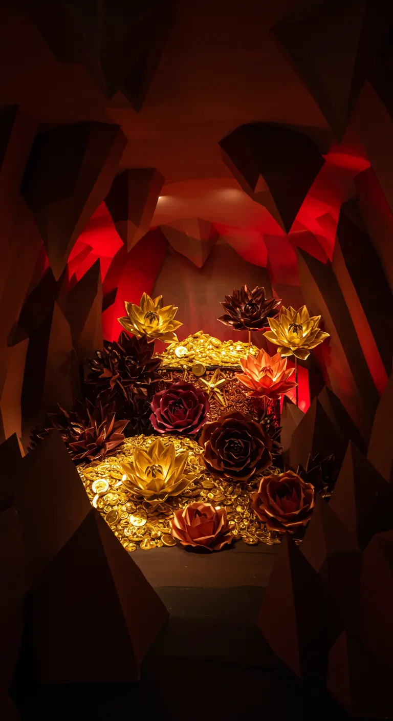 Goldene und rote Papierblumen auf einem Haufen Goldmünzen in einer dunklen Höhle.