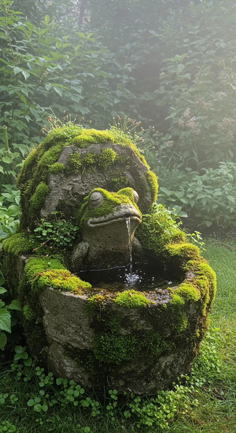 Ein großer, moosbewachsener Froschbrunnen mit geschlossenen Augen in einem nebligen Garten.