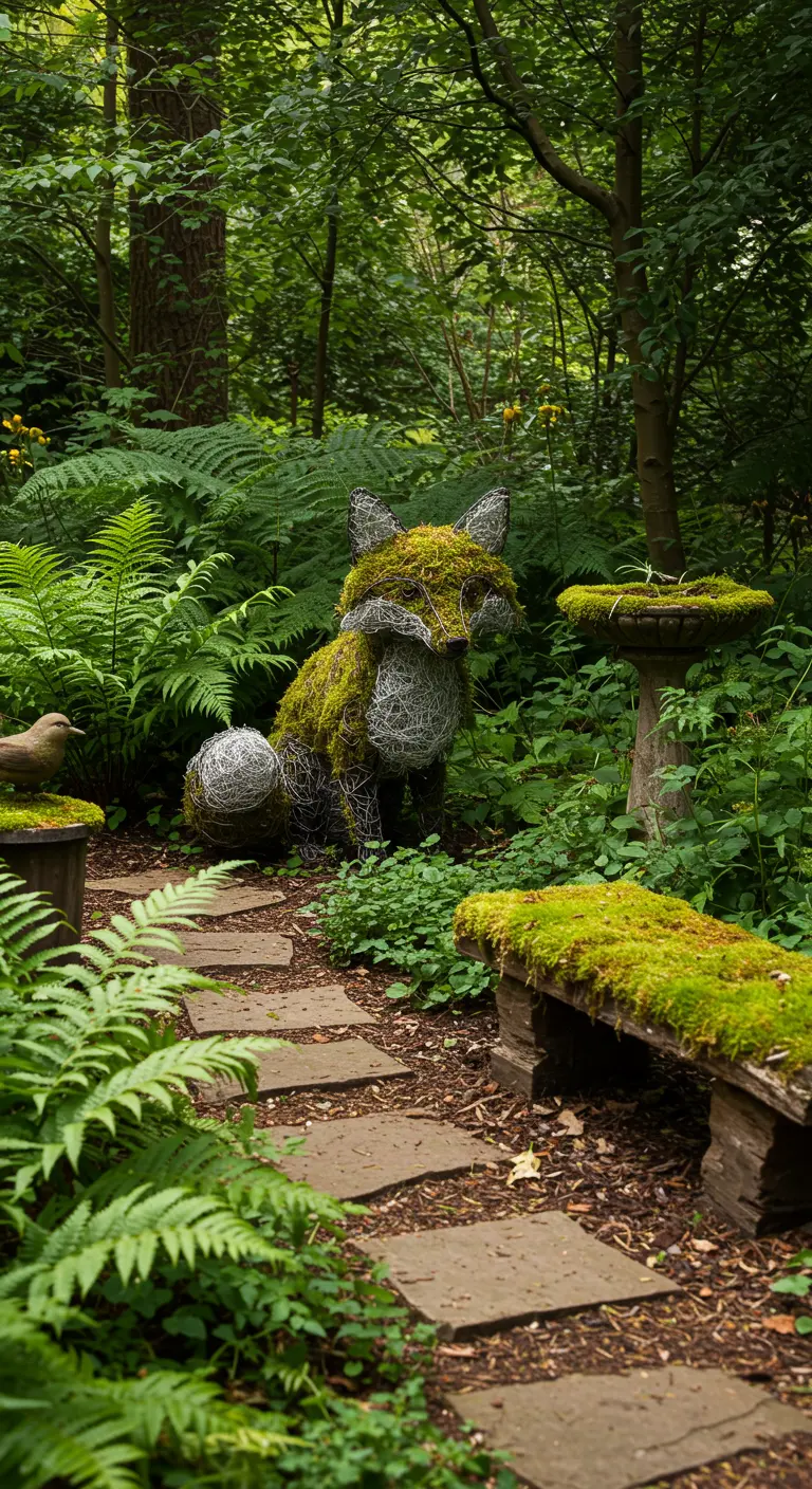 Moos-Fuchs-Skulptur aus Draht sitzt in einem schattigen Waldgarten.