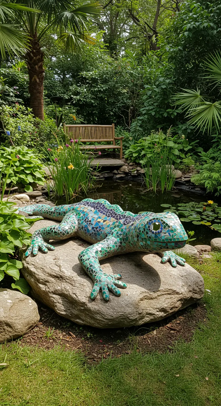 Eine große Salamander-Mosaikskulptur in Grün- und Blautönen auf einem Felsen am Gartenteich.