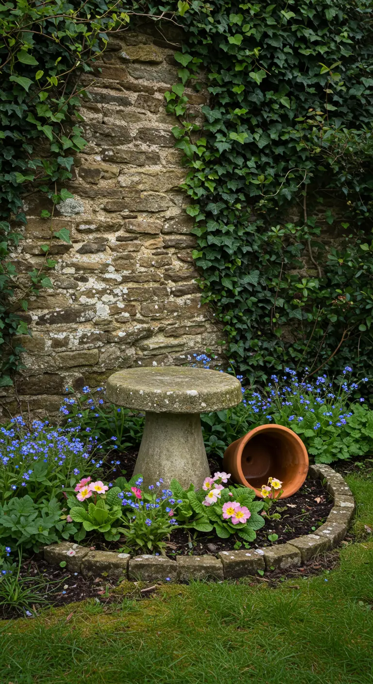 Ein Beton-Pilzhocker in einem kleinen, eingefassten Beet mit blauen und rosa Frühlingsblumen.