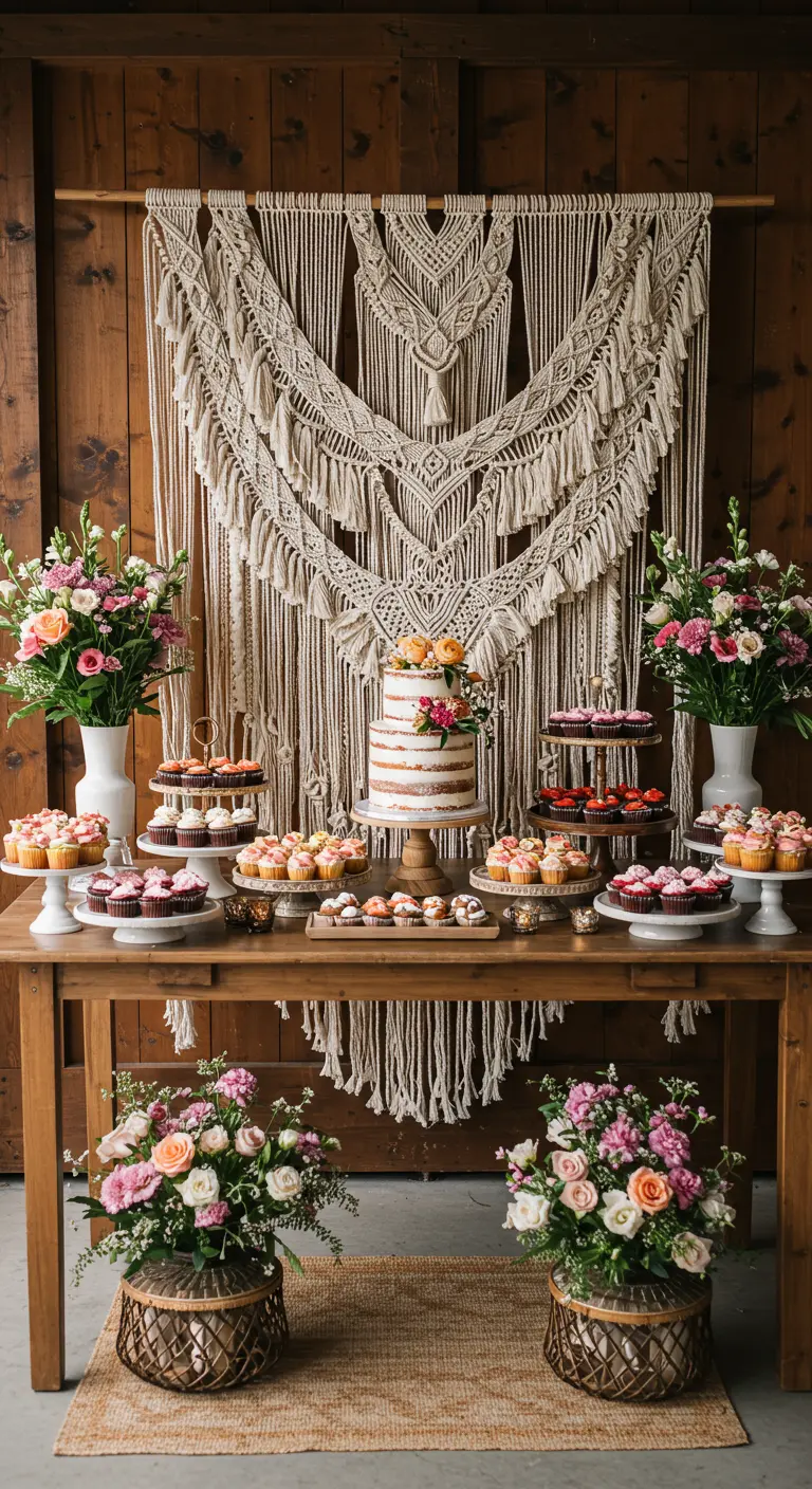 Ein reich gedeckter Desserttisch mit einer Hochzeitstorte vor einem großen Makramee-Wandbehang.