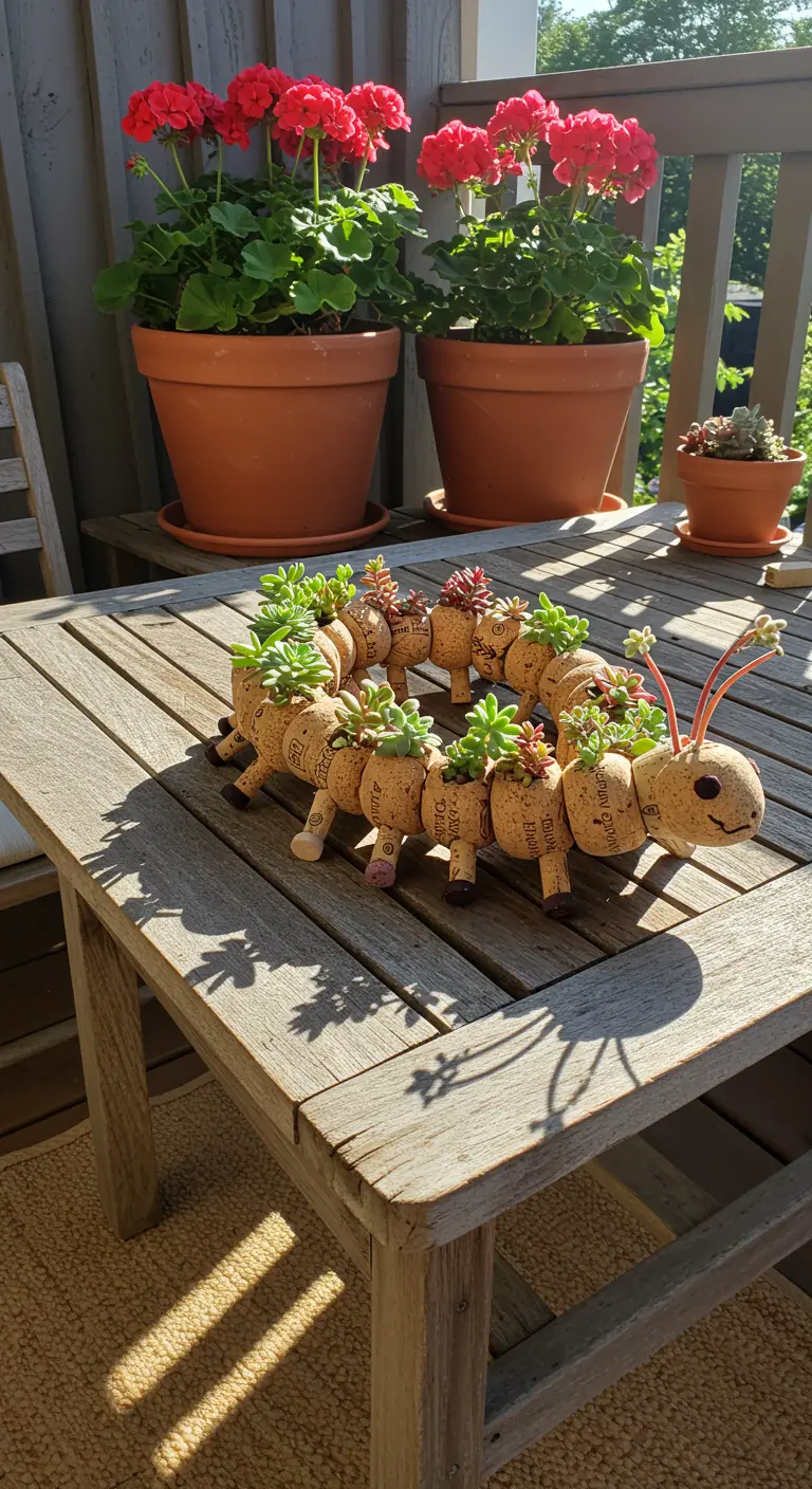Eine Raupe aus Weinkorken, bepflanzt mit kleinen Sukkulenten, auf einem Gartentisch.