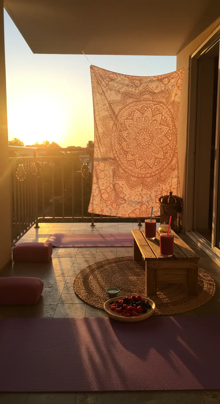 Balkon bei Sonnenuntergang mit Yogamatten, Kissen und einem Mandala-Tuch.