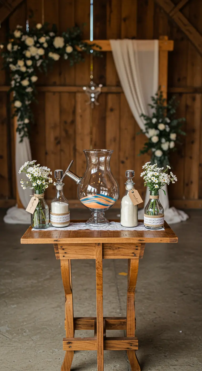 Ein Holztisch mit einem Sandzeremonie-Set, bestehend aus Glasgefäßen und Vasen mit Blumen.