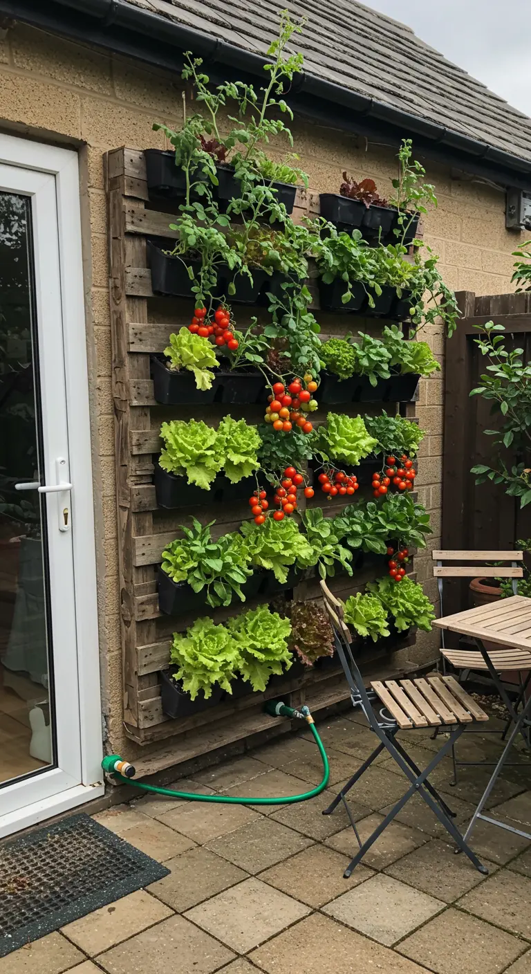Große Holzpalette als vertikaler Gemüsegarten mit Salat und hängetomaten an einer Hauswand.