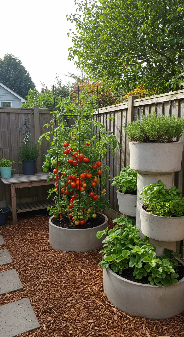 Gestapelte Betonringe als Kräuter- und Gemüsebeet mit Tomaten und Erdbeeren.