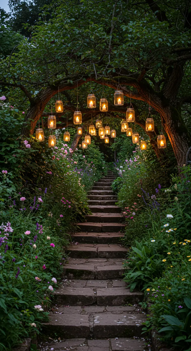 Steintreppe in einem blühenden Garten, überdacht von einem Bogen mit Kerzenlaternen.