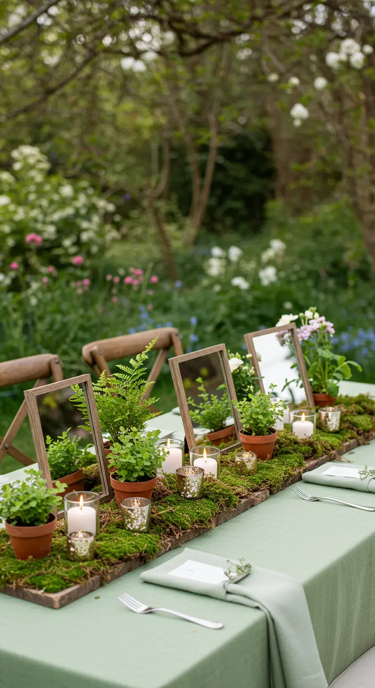Tischläufer aus Moos mit kleinen Spiegeln, Topfpflanzen und Kerzen in einem Garten