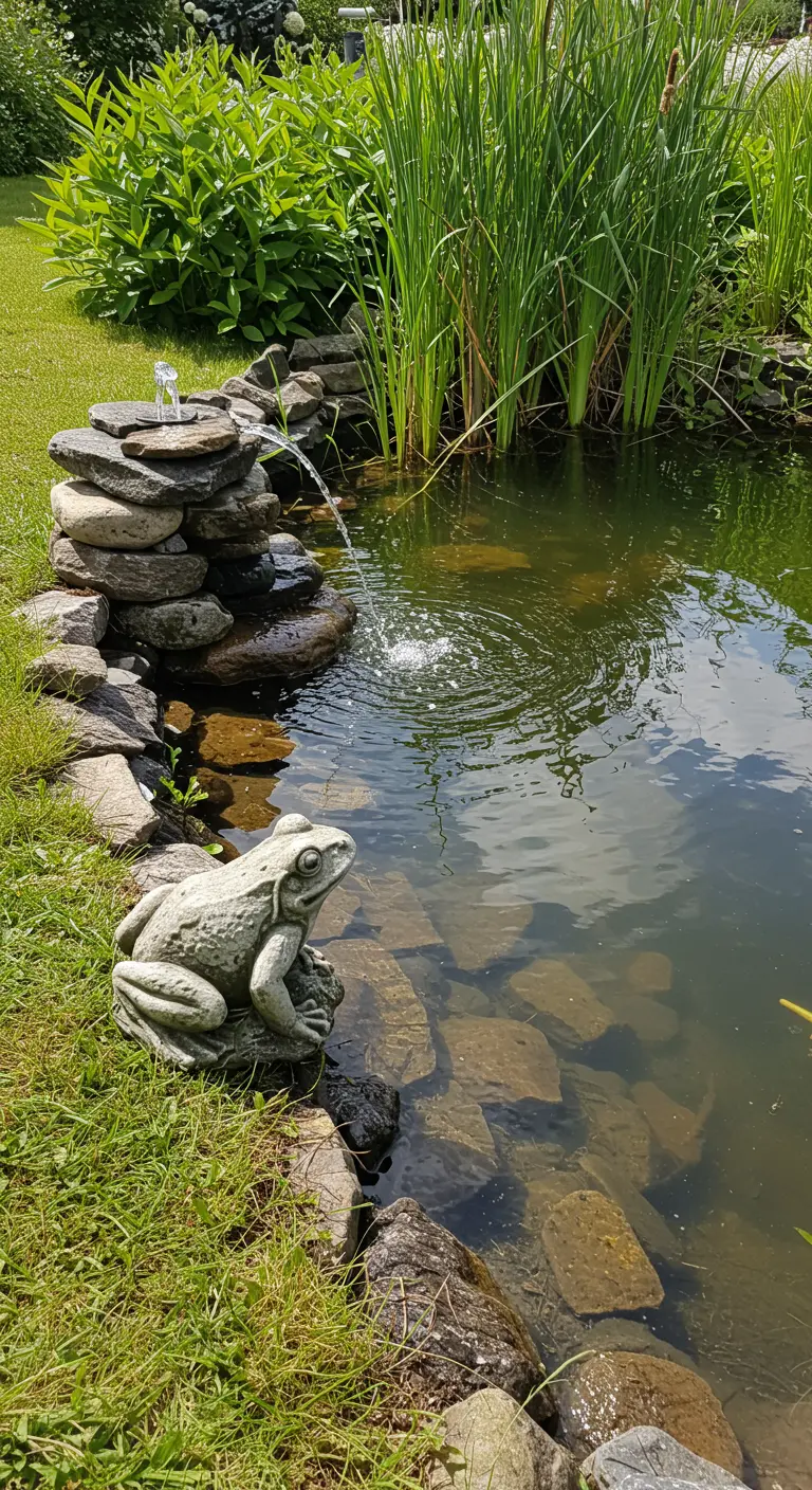 Eine große Froschfigur aus Beton sitzt am Ufer eines Gartenteichs neben einem kleinen Wasserfall.