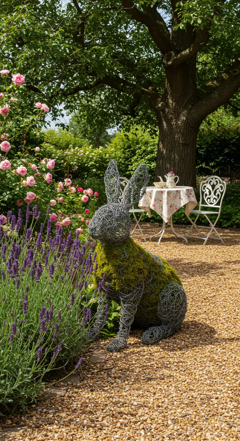 Große Hasenskulptur aus Draht und Moos neben blühendem Lavendel.
