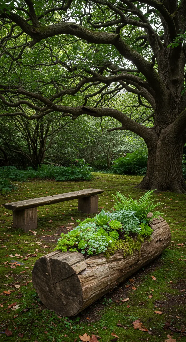 Ein ausgehöhlter Baumstamm im Wald, bepflanzt mit Farnen und Sukkulenten.