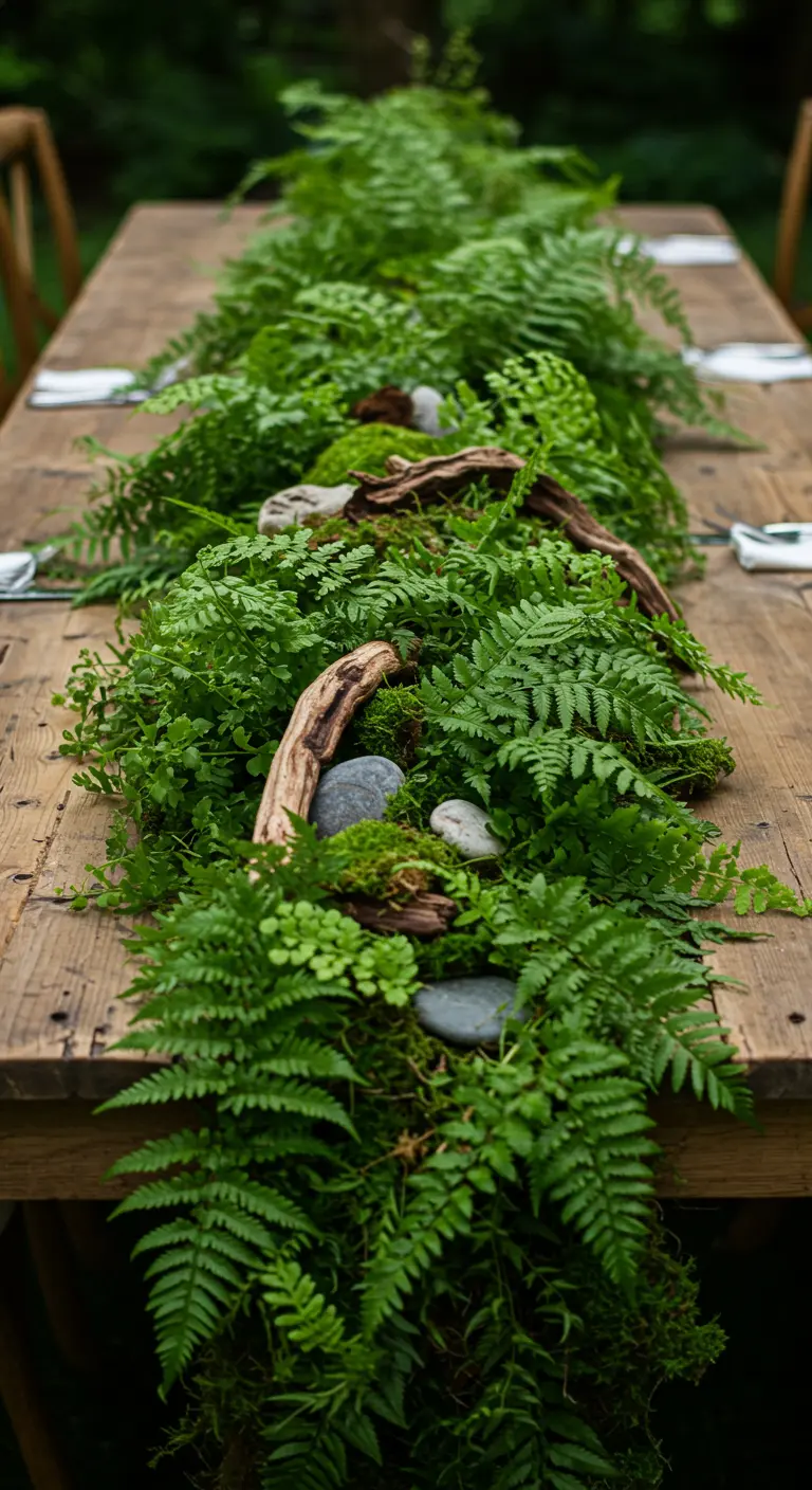 Tischläufer aus Farnen, Moos und Treibholz auf einem rustikalen Holztisch.