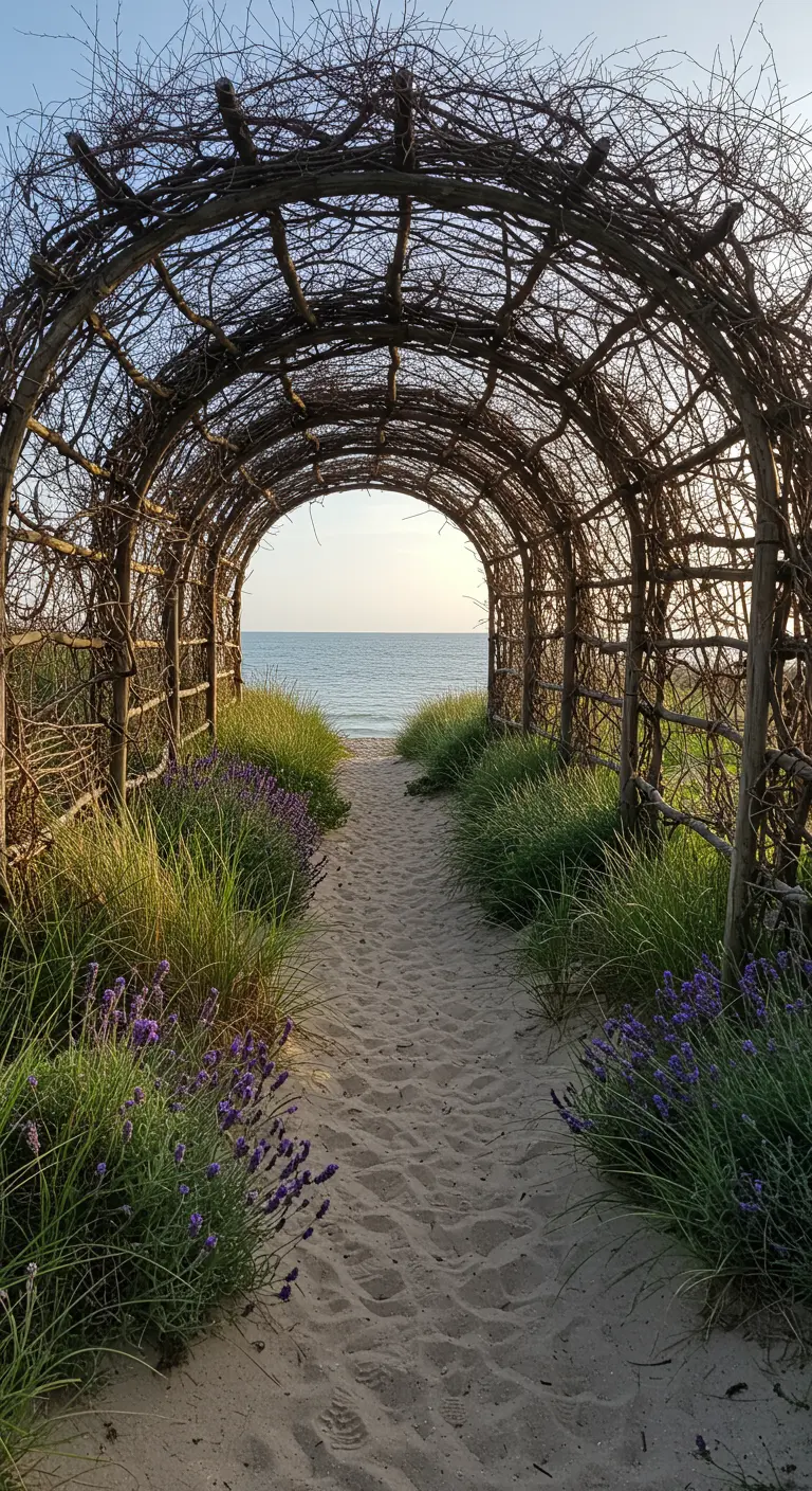 Ein Weidentunnel an der Küste, der auf einen Sandweg zum Meer führt.